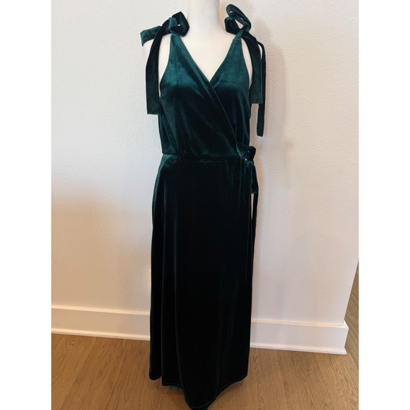 Lulus Enchanting Mood Velvet Emerald Green Wrap Midi Dress Tie Strap  L - Picture 1 of 7